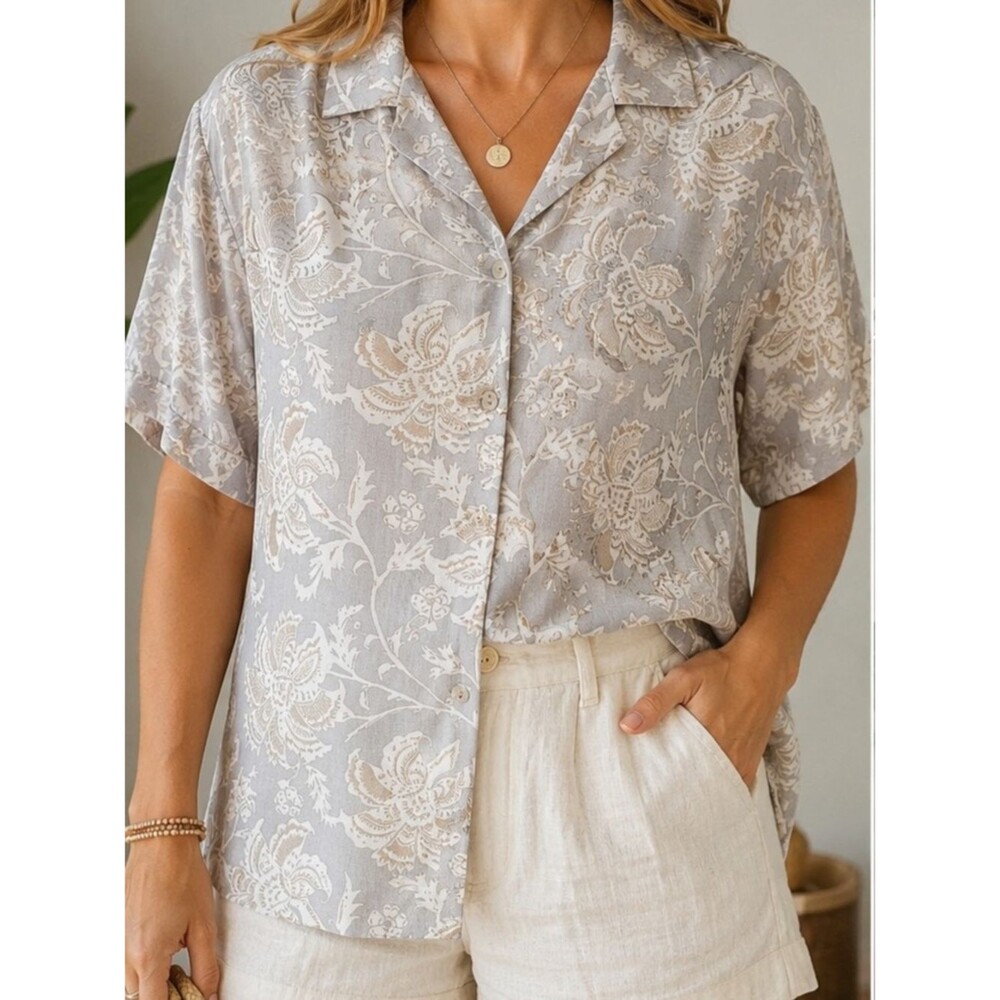 Porter & Ash Linen Blend Floral Button Up Shirt Women’s Sz L Gray Beige Boho
